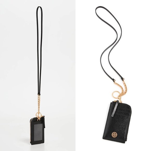 Tory Burch Robinson Saffiano Leather Lanyard Wallet Card Case Accessory Black - Picture 2 of 10